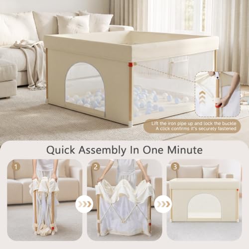 Beige Foldable Baby Playpen 50x50 Inches with Mesh Sides & Balls