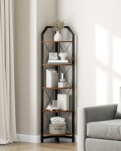 CHOEZON Rustic Brown & Black 5-Tier Corner Shelf - Industrial Corner Bookcase & Plant Stand