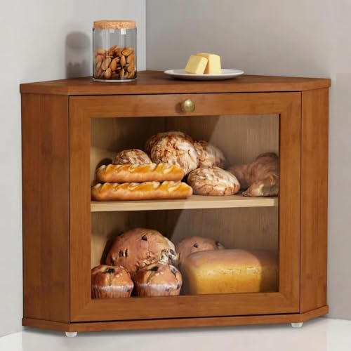 Walnut Corner Bread Box - Double Layer Kitchen Storage for Baked Goods