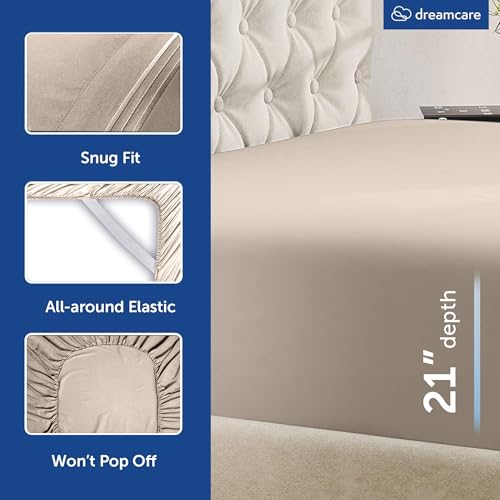 Beige King Size Extra Deep Pocket Bed Sheets Set - 6 Pcs Breathable Cooling Microfiber