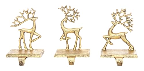 Set of 3 Cast Iron Reindeer Christmas Stocking Hangers - Burnished Gold Finish