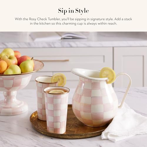 MacKenzie-Childs Rosy Check Enamel Tumbler 10 oz Pink & White
