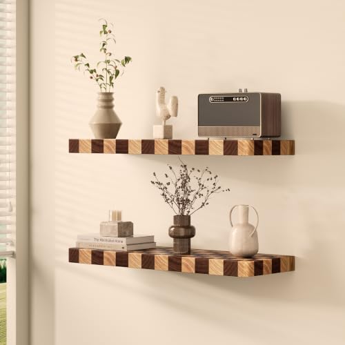 Fyctio 16 Inch Solid Wood Checkered Floating Wall Shelves Set of 2 – Rustic Modern Farmhouse Decor