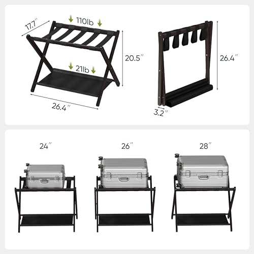Smart FENDEE 2 Pack Brown Bamboo Folding Luggage Racks with Storage Shelf