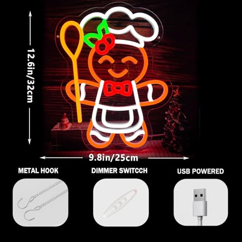 Gingerbread Neon Sign with Spoon - Lulkod, Dimmable Christmas Gingerbread Man Neon Sign for Bedroom