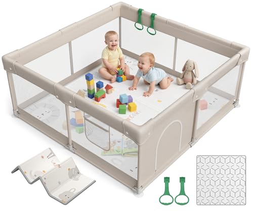 ZEEBABA Baby Playpen with Mat 47x47in - Grey, Safe Play Yard for Toddlers