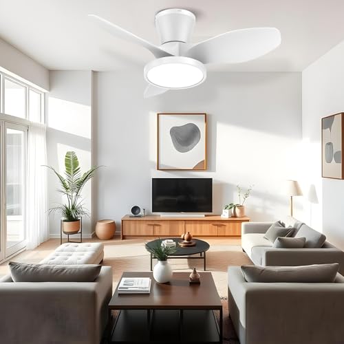 Quiet 32 Inch Ceiling Fan with LED Light & Remote Control - White, Reversible DC Motor