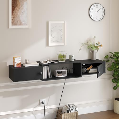 HOOBRO 55-Inch Black Floating TV Stand with Power Outlets Wall Mount Modern Media Console