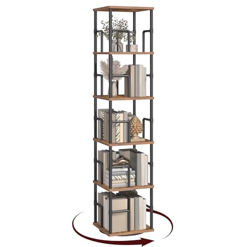 MAHANCRIS 5-Tier Rotating Corner Bookshelf - Rustic Brown & Black, Spinning Storage Rack