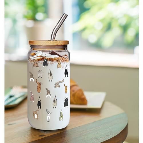Cat Mom Glass Cup 16oz with Lid & Straw – Cute Cat Themed Gift for Women