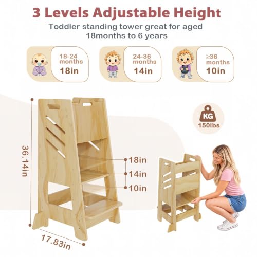 Wooden Toddler Tower with Sliding Panel, 3-Level Adjustable Kitchen Stool, Safe & Sturdy