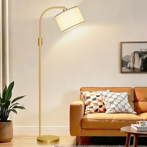 Modern Arc Floor Lamp with Dimmable Linen Shade - Gold, 1200 Lumens, LED Bulb Included