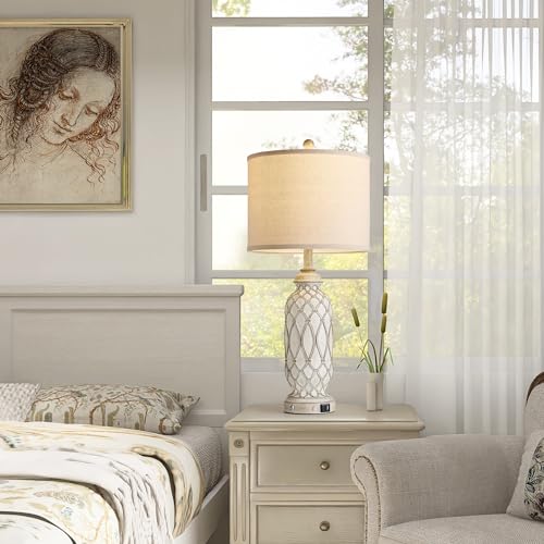 Ireliare 28-Inch Beige Farmhouse Table Lamps Set of 2 with USB Charging & Touch Dimmable Nightstand Lamps