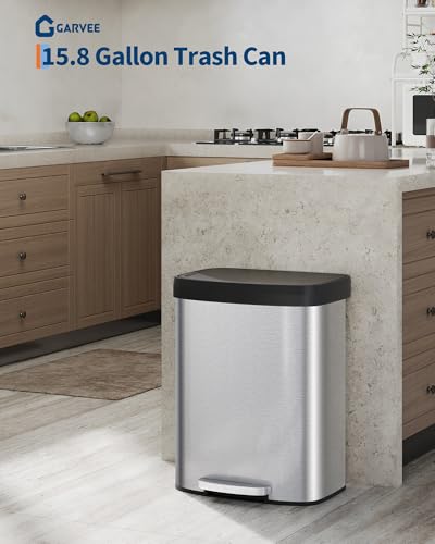 15.8 Gallon Stainless Steel Trash Can with Lid - Rustproof Kitchen Waste Bin, Silver