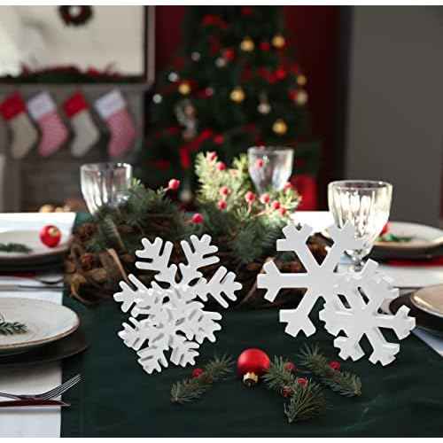 Gift Boutique 4 Christmas Winter Snowflakes Wooden Table Decorations Centerpiece Block Holiday White Snowflake Tiered Tray Tabletop Sign Decor for Office Dining Room Mantle Home Xmas Party Supplies