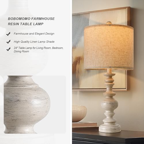 Farmhouse Resin Table Lamp Set of 2 - Antique White, 24-Inch Vintage Lamps with Linen Shades for Living Room & Bedroom