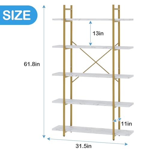 White Faux Marble 5-Tier Ladder Bookcase - Modern Open Shelving Unit for Home & Office
