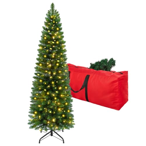 6ft Pre-Lit Slim Artificial Christmas Tree with Warm White LED Lights - Green, Foldable Stand