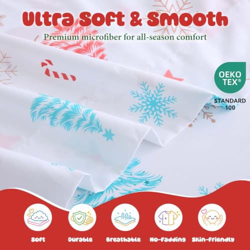 Kids Full Size Christmas Sheet Set White with Reindeer & Trees, Holiday Bedding