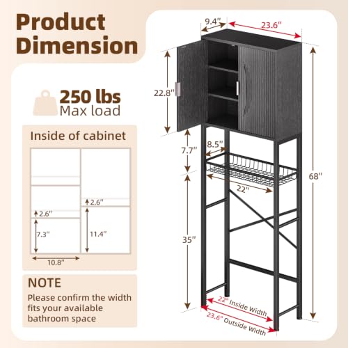 Over The Toilet Storage Cabinet with Fluted Wave Doors and Adjustable Shelves - Black - Freestanding Bathroom Organizer