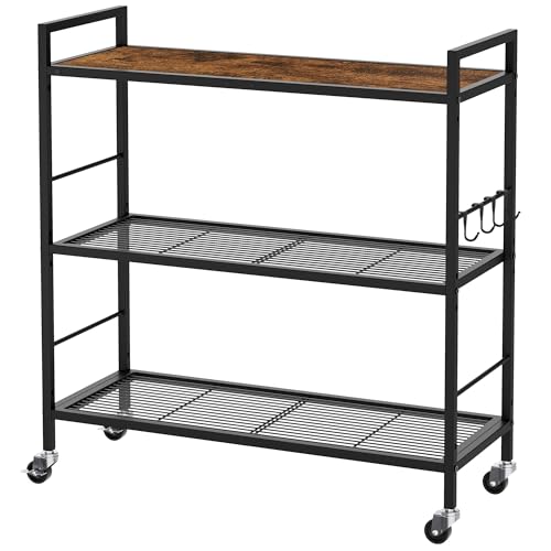 XIVIRACK Brown 3-Tier Metal Storage Rack with Wooden Top & Wheels, Adjustable Shelves, 31.5" Wide
