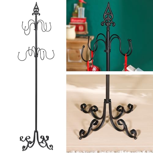 56-Inch Black Metal Christmas Stocking Holder Stand with 8 Adjustable Hooks