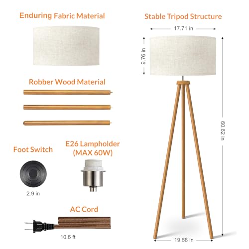Brown Wooden Tripod Floor Lamp - Mid Century Standing Lamp for Living Room