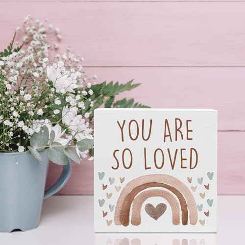 You Are So Loved Boho Rainbow Wooden Box Sign, Little Reminders Desk Sign, Inspirational Quotes Sign Decoration for Kids Room Office Nursery Playroom Girls Room Dorm -A26