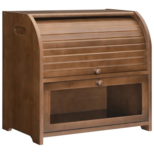 Brown Bamboo Bread Box for Kitchen Countertop, 2-Tier Roll-Top Food Storage