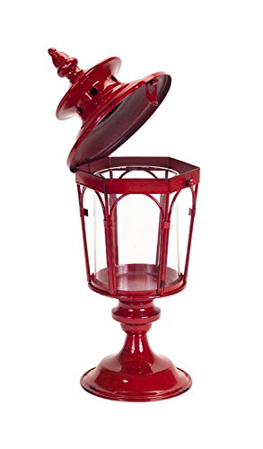 Melrose Lantern, Candle Holder 17-inch Height, Metal, Red, Tabletop Lantern for Outdoor Patio Rustic Home Decor, Candle Holders with Clear Glass