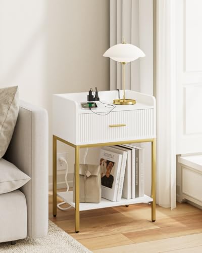 Nightstand with Charging Station - 3-Tier Bedside Table, Open Shelf & Drawer, White - Variation of THIS listing