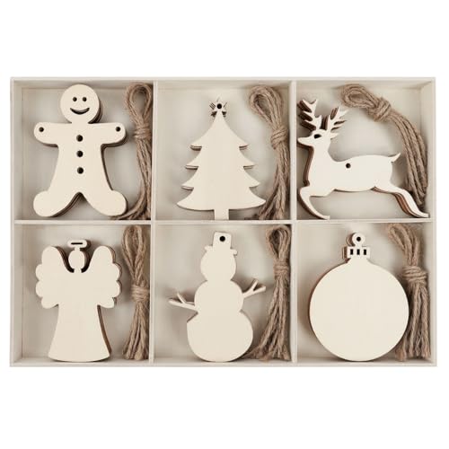 MACTING 30PCS Wooden Christmas Ornaments Unfinished Predrilled Natural Wood Slices DIY Blank Hanging Ornaments Kit for Crafts Centerpieces Christmas Tree Decorations, 6 Styles