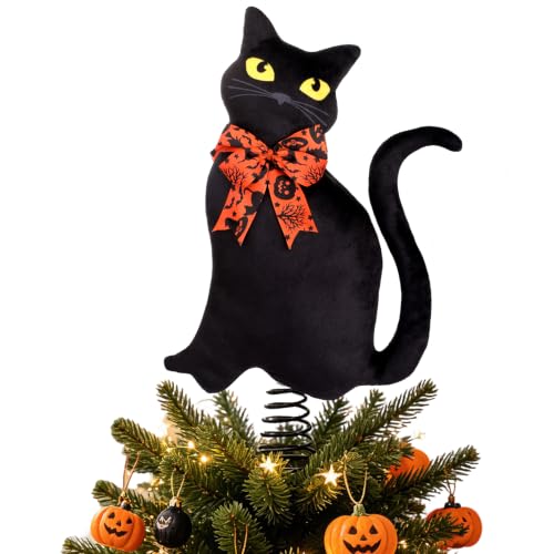 Black Cat Christmas Tree Topper for Halloween & Holiday Decor - 11.8 Inch
