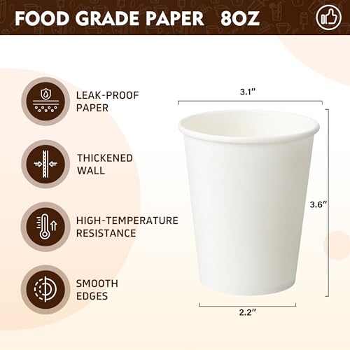 White Disposable Paper Coffee Cups 8 oz Pack of 1000 - Leak-Proof & Stackable