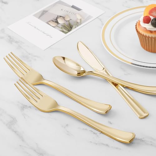 Gold Disposable Cutlery Set - 100 Pack Flatware with Napkins for Parties
