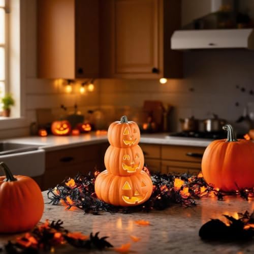 Evelyne 3-Tier Light-Up Jack-O’-Lantern Pumpkin Decoration - Indoor Outdoor Fall Decor
