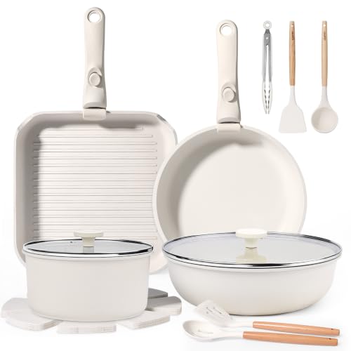GiPP 18-Piece White Non-Stick Cookware Set with Detachable Handles & Grill Pan