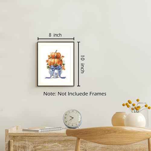 KSDUT Chinoiserie Pumpkin Wall Art Decor Set of 4 - Autumn Fall Coquette Artwork Poster Blue Flower Bows Wall Decor for Grandmillennial Home Bedroom Decorations - 8"x10" Unframed