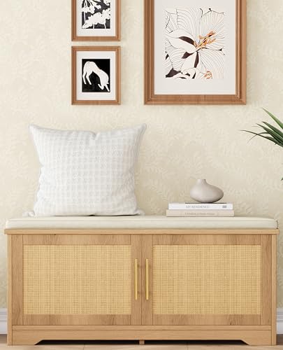 Zeibospri Rattan Shoe Storage Bench 39.4" Wide Entryway Bench with Adjustable Shelf, Natural Oak Finish, 13.8"D x 39.4"W x 17.9"H