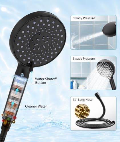 Filtered Shower Head with Handheld & 9 Spray Modes - Black + 1 Filter - 2.5 GPM