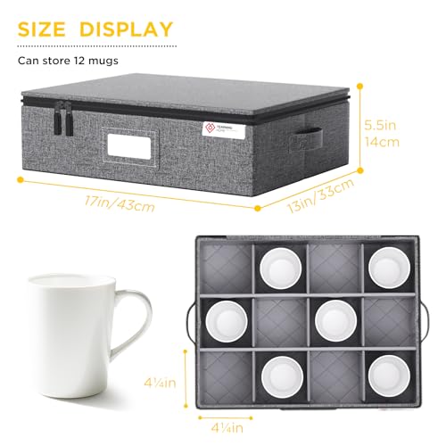 Mug and Cup Storage Box 2 Pack with Hard Shell and Dividers - Stackable Organizer for Coffee Mugs, Tea Cups, Glasses, Handles, Zips, Label, Grey