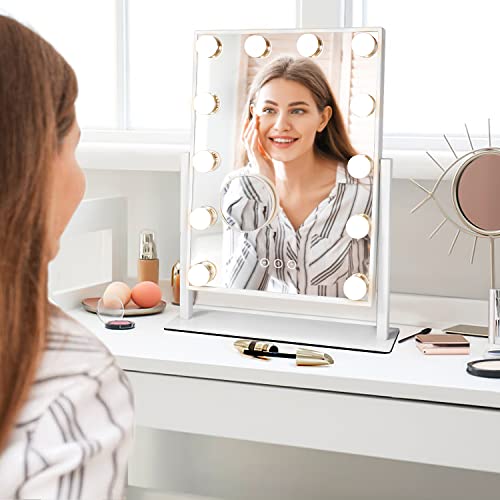 Lighted Vanity Mirror with 12 Dimmable Bulbs, 3 Color Modes, 10X Magnification, 360° Rotation - White, 16.8" L x 13.3" W