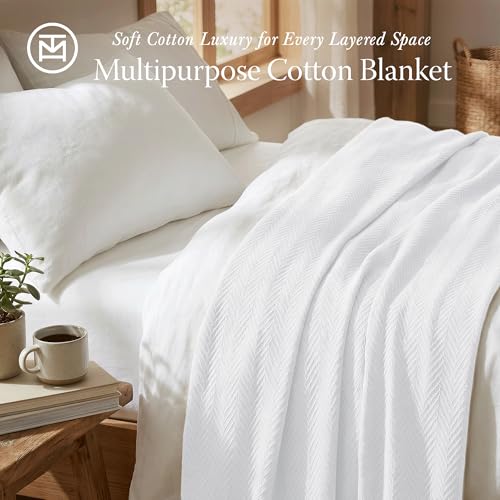 Threadmill Luxury 100% Cotton King Herringbone Blanket, Bright White