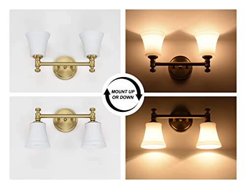 Aged Brass 2-Light Bathroom Vanity Wall Sconce with Opal Glass Shade - Traditional Hanaloa Fixture
