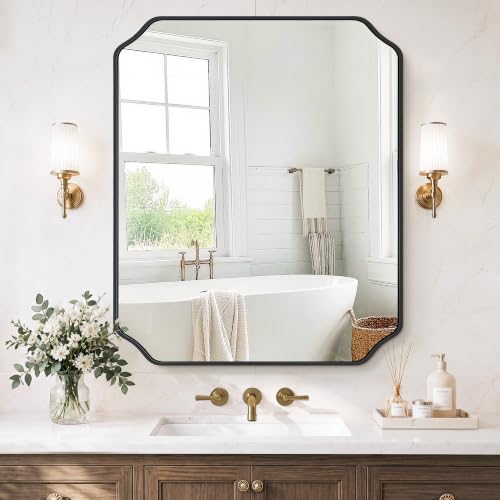 Black Rectangular Scalloped Bathroom Mirror 36 Inch x 30 Inch Wall Mirror - Modern Frame