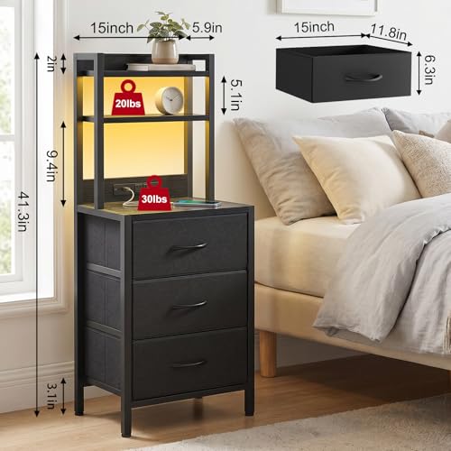 Fixwal 41 Inch Black Nightstand with Charging Station & 3 Drawers, RGB LED