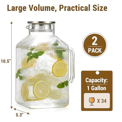 Snuvid 2 Pack 1 Gallon Square Glass Pitchers with Lid - Borosilicate Drink Carafes
