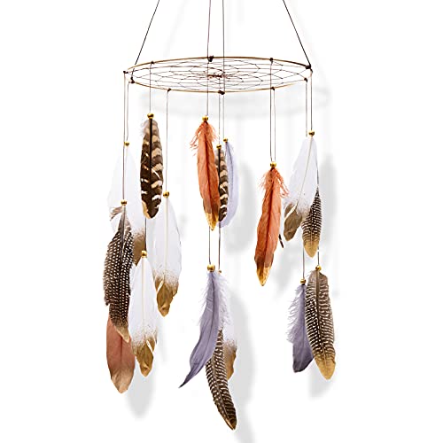 Boho Feather Baby Mobile for Crib, Bohemian Nursery Gender Neutral Hanging Decor, Large Dream Catcher Ornament Hanger Christmas Gift for Kids Girl Boy Ceiling Children Teen Bedroom Outdoor