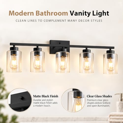 Matte Black 5-Light Bathroom Vanity Light Fixture with Clear Glass Shades