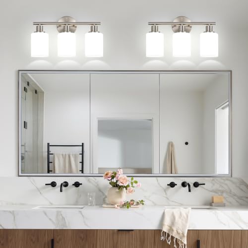3-Light Vanity Light Fixture - Brushed Nickel & Milky White Glass Shades, Reversible Mounting